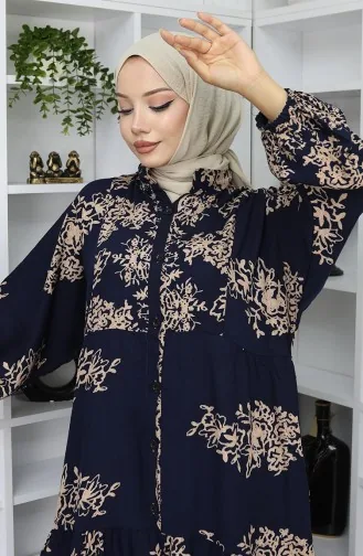 Viskon Kumaş Yarım Düğmeli Elbise 2044-01 Lacivert