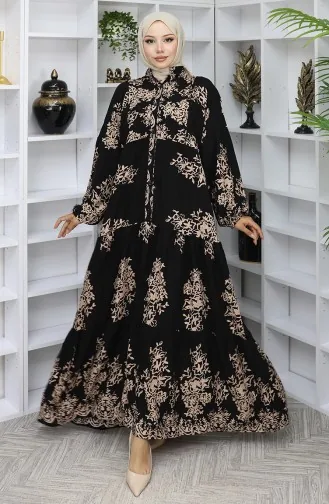 فستان من قماش الفيسكوز بأزرار نصفية 2044-03 أسود 2044-03