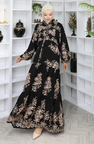 فستان من قماش الفيسكوز بأزرار نصفية 2044-03 أسود 2044-03