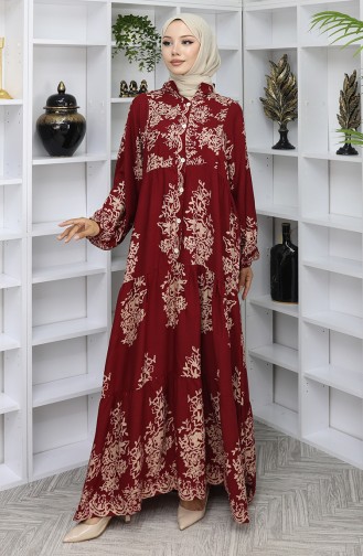 Viskon Kumaş Yarım Düğmeli Elbise 2044-04 Bordo