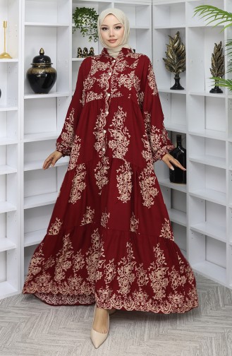 Viskon Kumaş Yarım Düğmeli Elbise 2044-04 Bordo