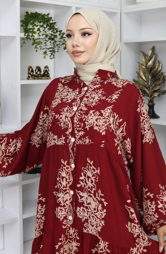 Viskon Kumaş Yarım Düğmeli Elbise 2044-04 Bordo