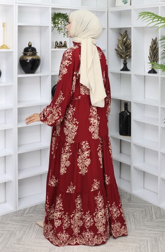 Viskon Kumaş Yarım Düğmeli Elbise 2044-04 Bordo