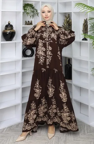 Viskon Kumaş Yarım Düğmeli Elbise 2044-05 Kahverengi