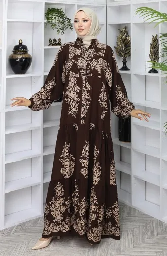 Viskon Kumaş Yarım Düğmeli Elbise 2044-05 Kahverengi