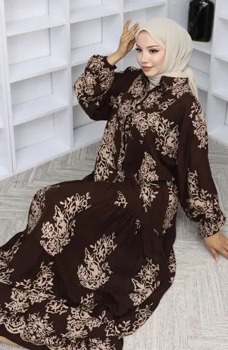 Viskon Kumaş Yarım Düğmeli Elbise 2044-05 Kahverengi