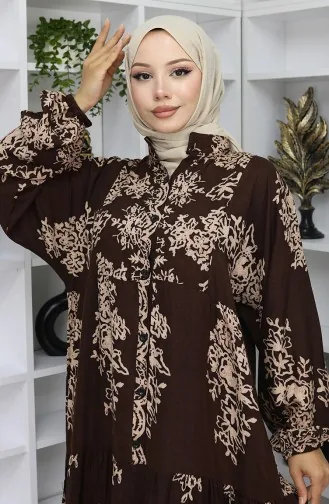 Viskon Kumaş Yarım Düğmeli Elbise 2044-05 Kahverengi