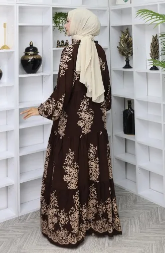 Viskon Kumaş Yarım Düğmeli Elbise 2044-05 Kahverengi