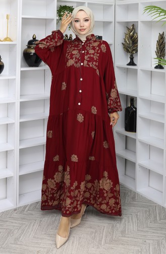 Viskon Kumaş Desenli Elbise 2045-02 Bordo