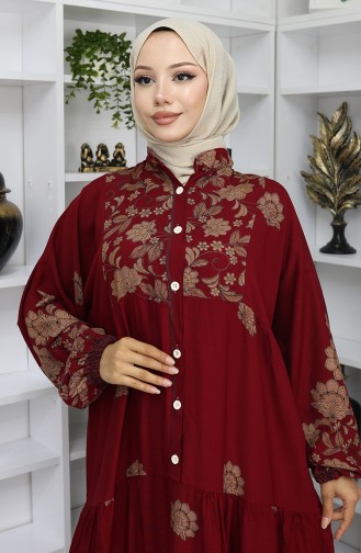 Viskon Kumaş Desenli Elbise 2045-02 Bordo