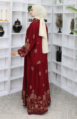 Viskon Kumaş Desenli Elbise 2045-02 Bordo