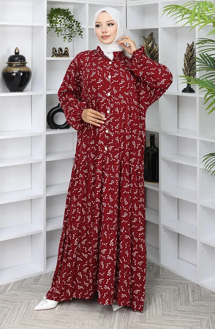 Viskose Stoff Gemustertes Kleid 2048-04 Weinrot 2048-04