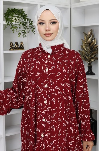 Viskon Kumaş Desenli Elbise 2048-04 Bordo