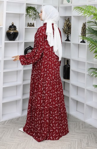 Viskon Kumaş Desenli Elbise 2048-04 Bordo