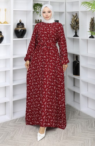 Desenli Kuşaklı Elbise 2049-03 Bordo