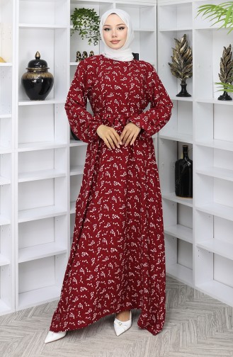 Desenli Kuşaklı Elbise 2049-03 Bordo