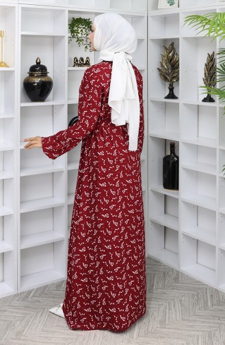 Desenli Kuşaklı Elbise 2049-03 Bordo