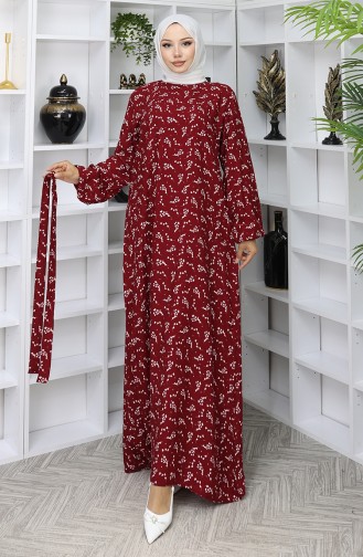 Desenli Kuşaklı Elbise 2049-03 Bordo