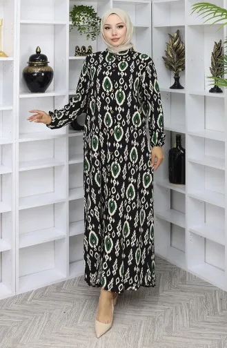 Viskose Stoff Kleid Mit Knöpfen 2050-03 Schwarz Smaragdgrün 2050-03