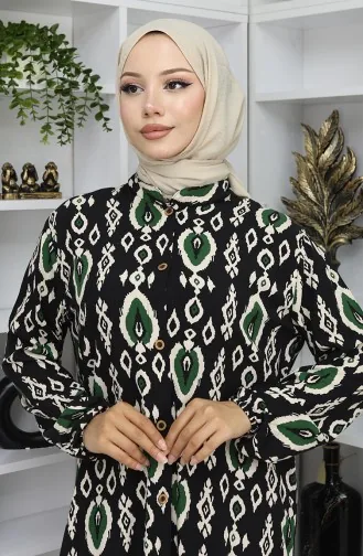 Viskose Stoff Kleid Mit Knöpfen 2050-03 Schwarz Smaragdgrün 2050-03