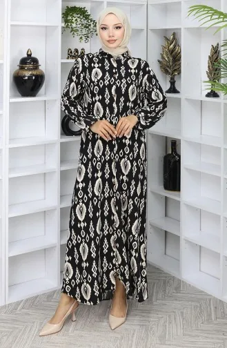 Viskon Kumaş Boydan Düğmeli Elbise 2050-04 Siyah Bej