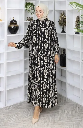 Viskon Kumaş Boydan Düğmeli Elbise 2050-04 Siyah Bej