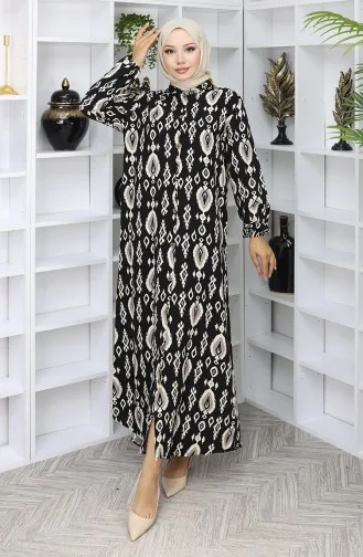 Viskon Kumaş Boydan Düğmeli Elbise 2050-04 Siyah Bej
