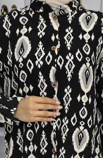 Viskon Kumaş Boydan Düğmeli Elbise 2050-04 Siyah Bej