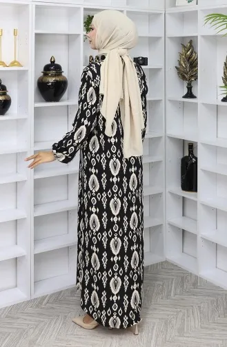 Viskon Kumaş Boydan Düğmeli Elbise 2050-04 Siyah Bej