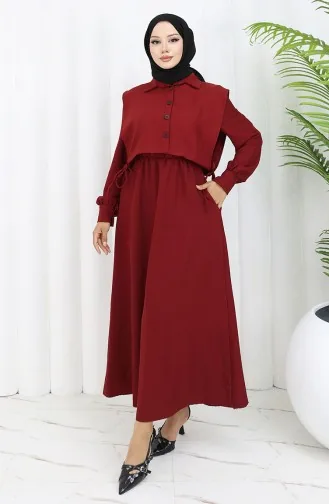 Shirtkraag Bolero Detail Jurk 2051-03 Claret Rood 2051-03