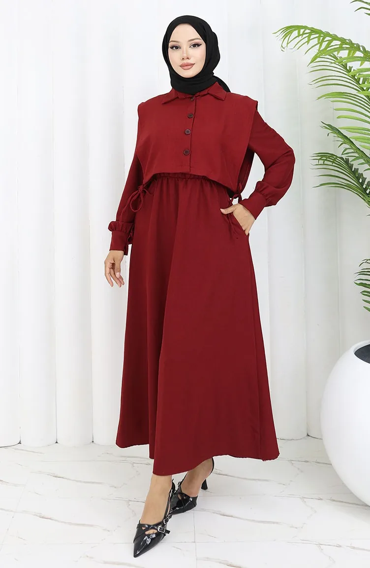 Shirtkraag Bolero Detail Jurk 2051-03 Claret Rood 2051-03