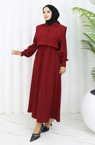 Shirtkraag Bolero Detail Jurk 2051-03 Claret Rood 2051-03