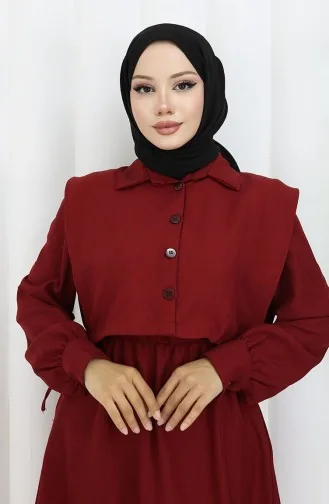 Shirtkraag Bolero Detail Jurk 2051-03 Claret Rood 2051-03