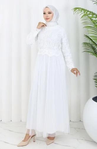 Dantel Kaplama Abiye Elbise 5369-01 Beyaz