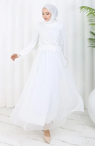 Dantel Kaplama Abiye Elbise 5369-01 Beyaz