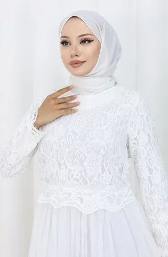 Dantel Kaplama Abiye Elbise 5369-01 Beyaz