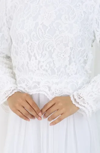 Dantel Kaplama Abiye Elbise 5369-01 Beyaz
