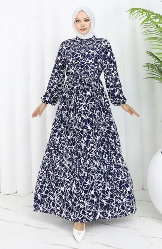 Viscose Fabric Half Buttoned Patterned Dress 0087-02 Navy Blue White 0087-02