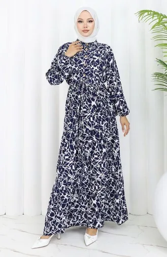 Viscose Fabric Half Buttoned Patterned Dress 0087-02 Navy Blue White 0087-02