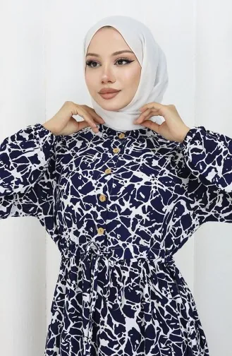 Viscose Fabric Half Buttoned Patterned Dress 0087-02 Navy Blue White 0087-02