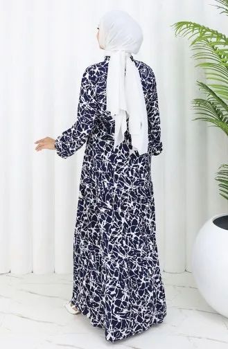Viscose Fabric Half Buttoned Patterned Dress 0087-02 Navy Blue White 0087-02