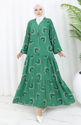 Robe Boutonnée à Motifs En Tissu Viscose 0088-02 Vert 0088-02