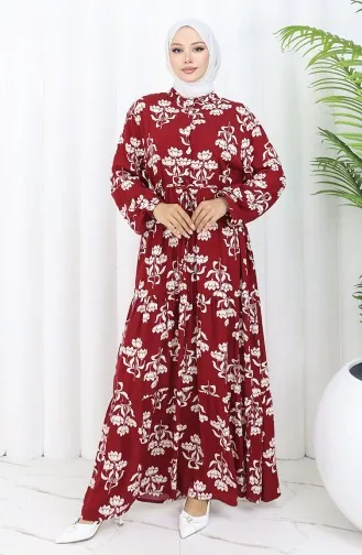Half Buttoned Patterned Dress 2052-01 Claret Red 2052-01