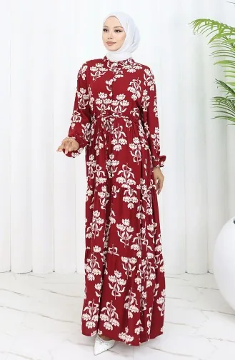 Half Buttoned Patterned Dress 2052-01 Claret Red 2052-01