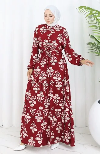 Half Buttoned Patterned Dress 2052-01 Claret Red 2052-01
