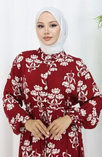 Half Buttoned Patterned Dress 2052-01 Claret Red 2052-01