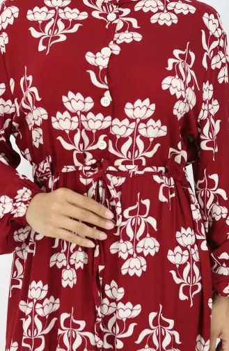 Half Buttoned Patterned Dress 2052-01 Claret Red 2052-01