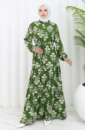 Half Buttoned Patterned Dress 2052-03 Khaki 2052-03