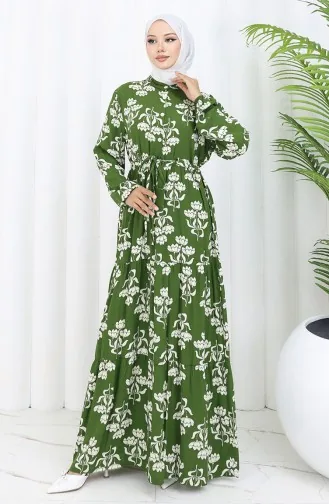 Half Buttoned Patterned Dress 2052-03 Khaki 2052-03