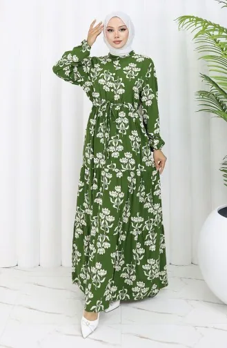 Half Buttoned Patterned Dress 2052-03 Khaki 2052-03